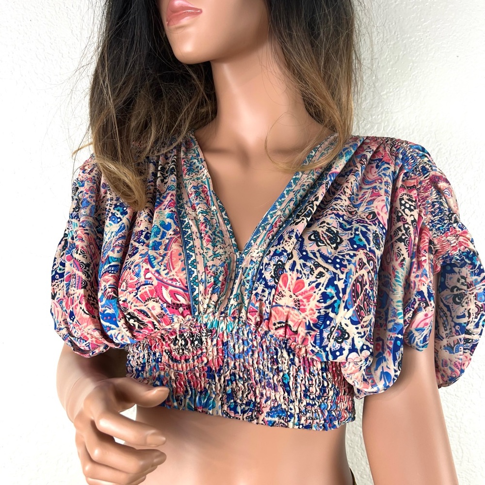 Vintage Inspired Floral Print Smocked Crop Top